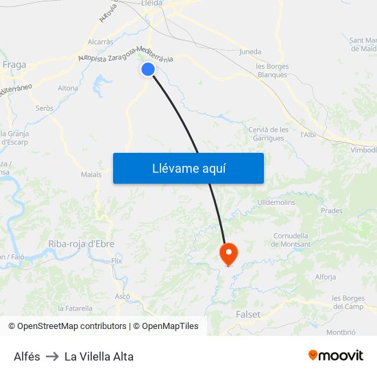 Alfés to La Vilella Alta map