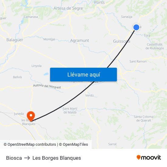 Biosca to Les Borges Blanques map