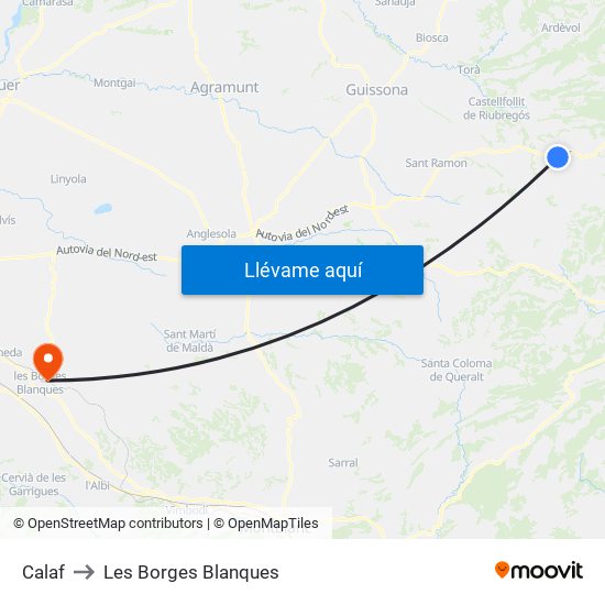 Calaf to Les Borges Blanques map
