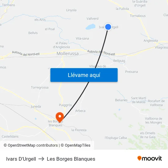 Ivars D'Urgell to Les Borges Blanques map