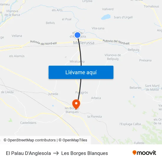 El Palau D'Anglesola to Les Borges Blanques map