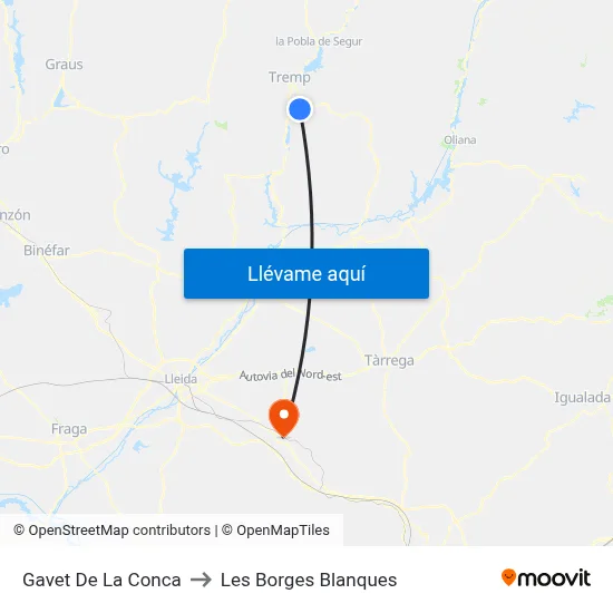 Gavet De La Conca to Les Borges Blanques map