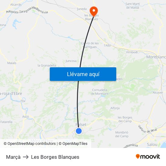 Marçà to Les Borges Blanques map