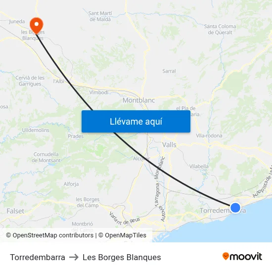 Torredembarra to Les Borges Blanques map