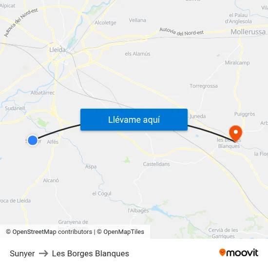 Sunyer to Les Borges Blanques map