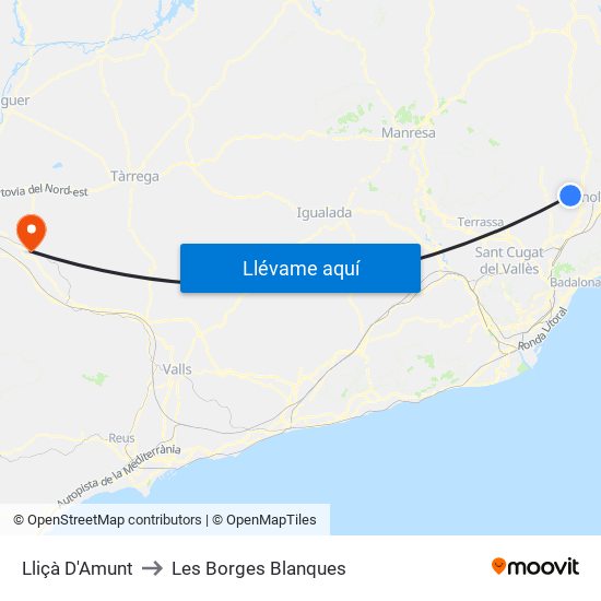 Lliçà D'Amunt to Les Borges Blanques map