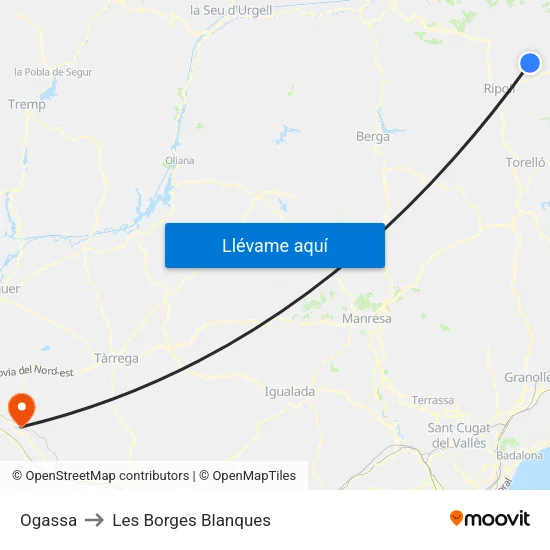 Ogassa to Les Borges Blanques map