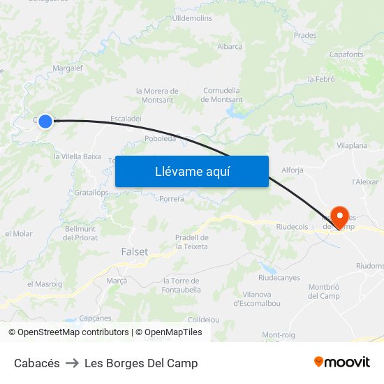 Cabacés to Les Borges Del Camp map