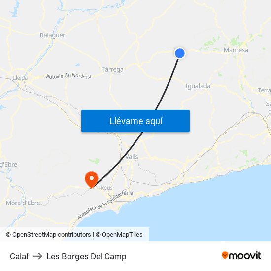 Calaf to Les Borges Del Camp map