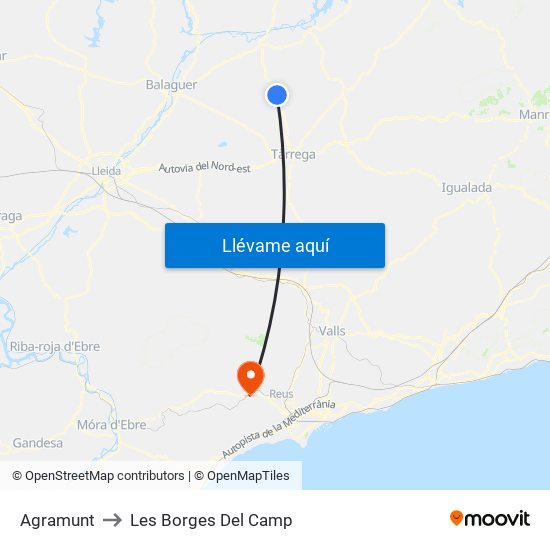 Agramunt to Les Borges Del Camp map