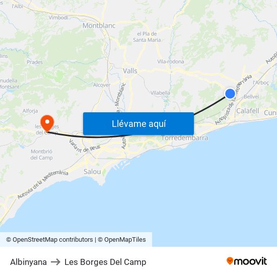 Albinyana to Les Borges Del Camp map