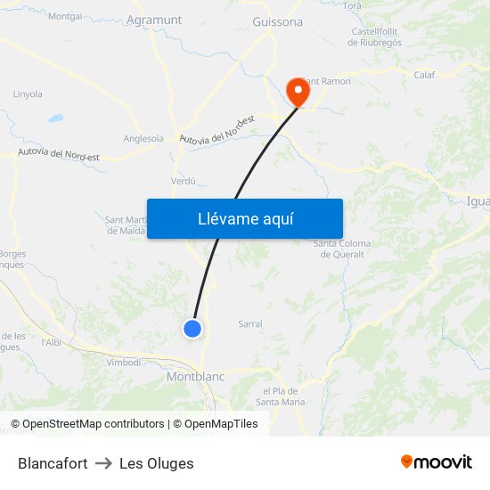 Blancafort to Les Oluges map