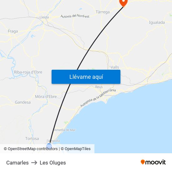 Camarles to Les Oluges map