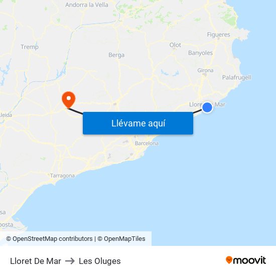 Lloret De Mar to Les Oluges map