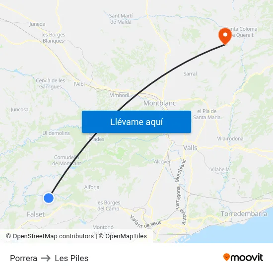 Porrera to Les Piles map