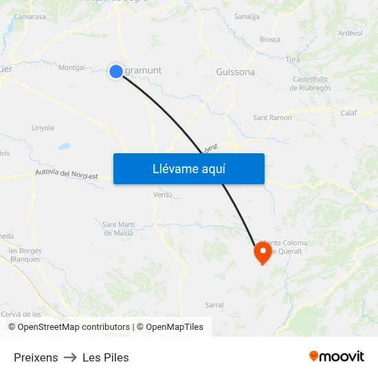 Preixens to Les Piles map
