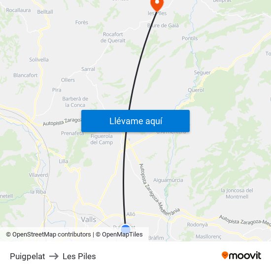 Puigpelat to Les Piles map