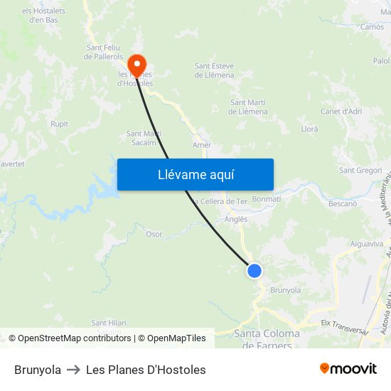 Brunyola to Les Planes D'Hostoles map