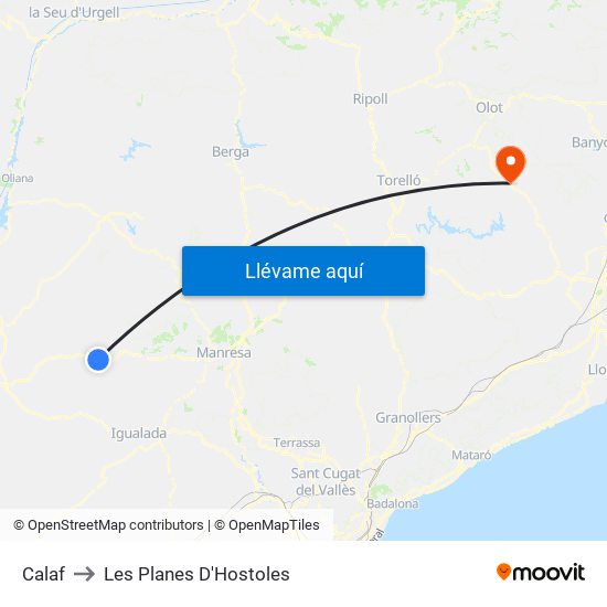 Calaf to Les Planes D'Hostoles map