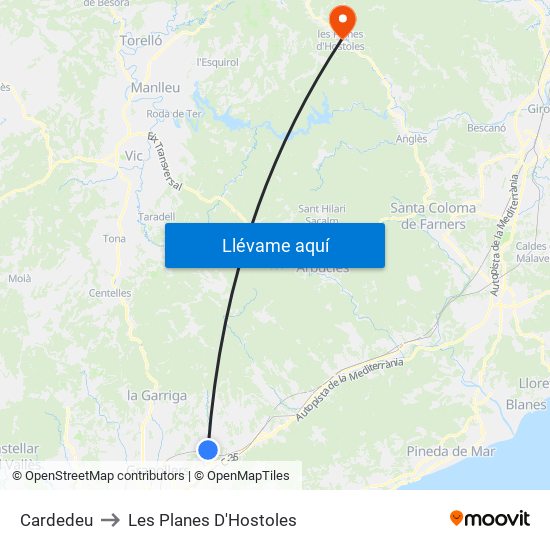 Cardedeu to Les Planes D'Hostoles map