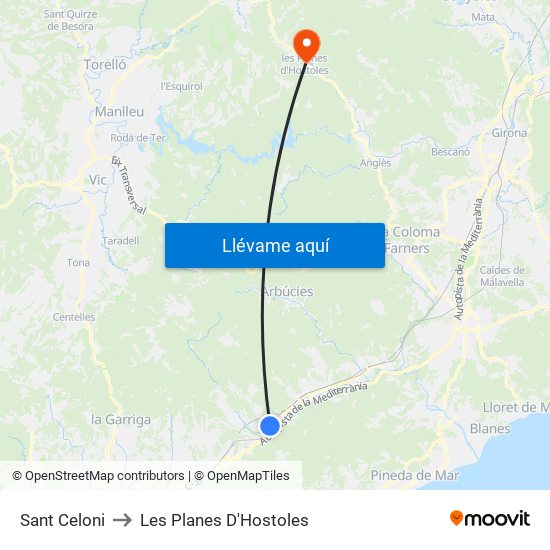 Sant Celoni to Les Planes D'Hostoles map