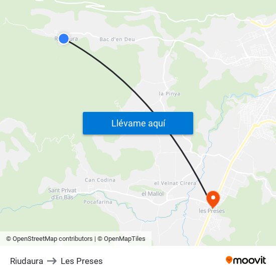 Riudaura to Les Preses map