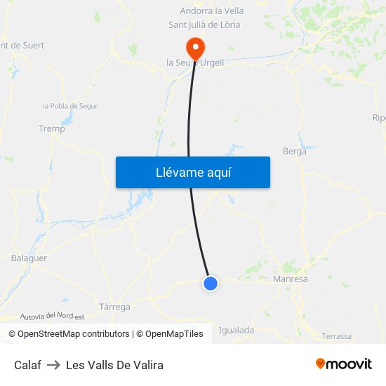 Calaf to Les Valls De Valira map