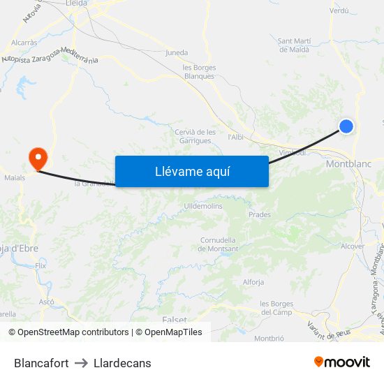 Blancafort to Llardecans map