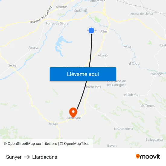 Sunyer to Llardecans map