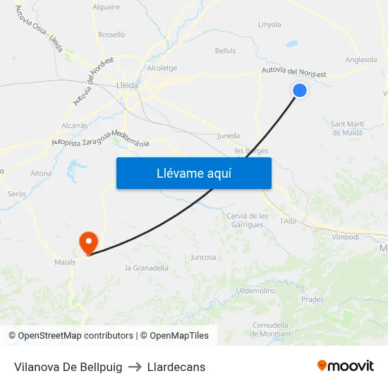 Vilanova De Bellpuig to Llardecans map