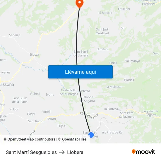 Sant Martí Sesgueioles to Llobera map