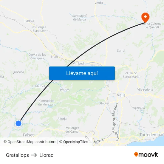 Gratallops to Llorac map