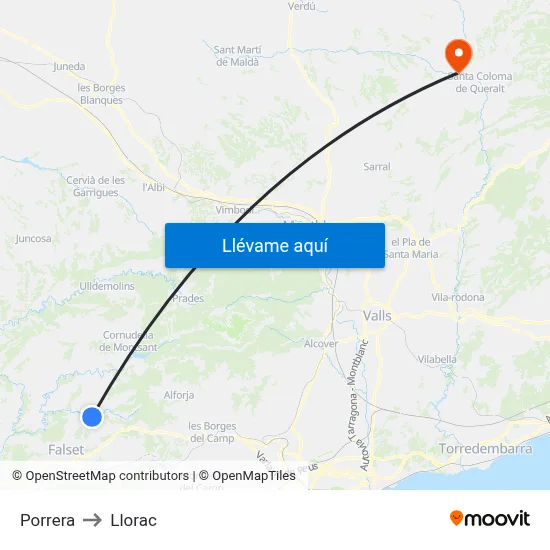 Porrera to Llorac map