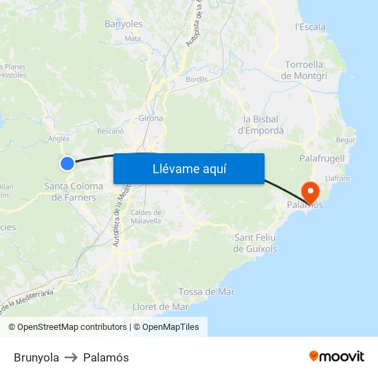 Brunyola to Palamós map