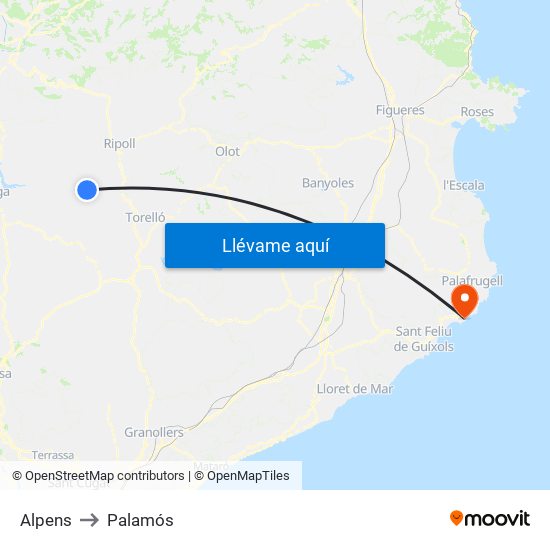 Alpens to Palamós map