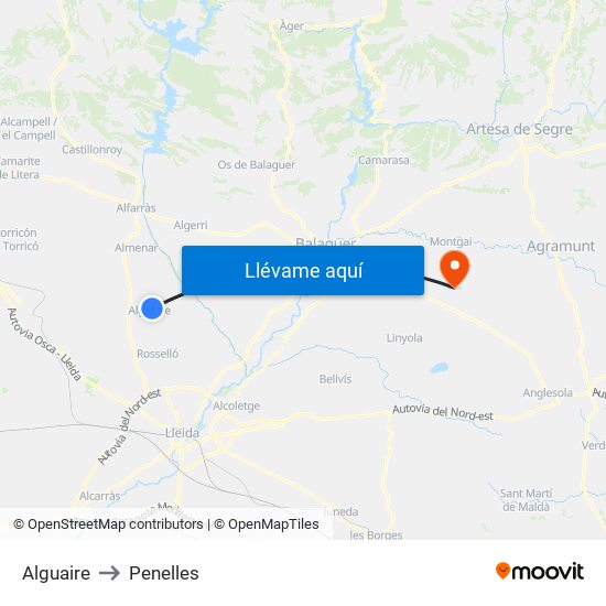 Alguaire to Penelles map