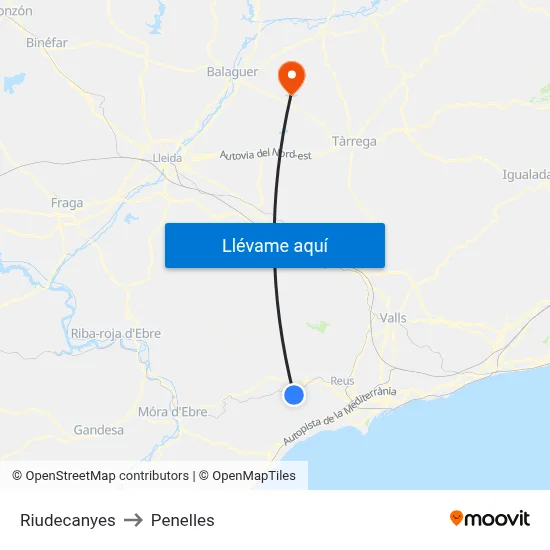 Riudecanyes to Penelles map