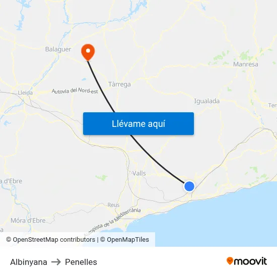 Albinyana to Penelles map