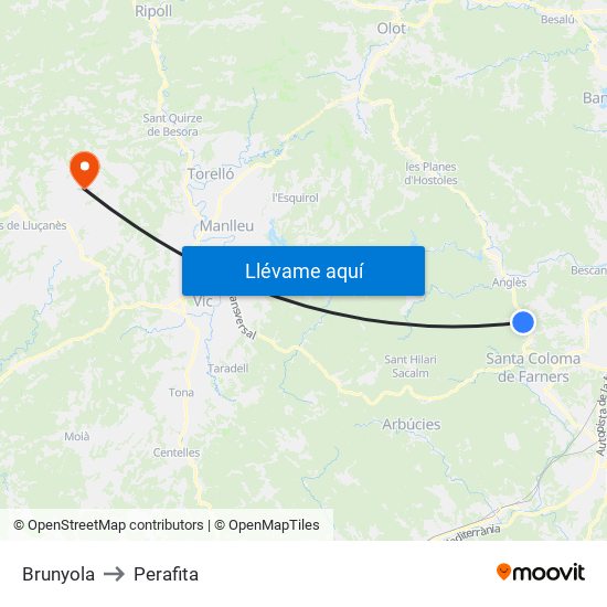 Brunyola to Perafita map