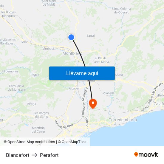 Blancafort to Perafort map