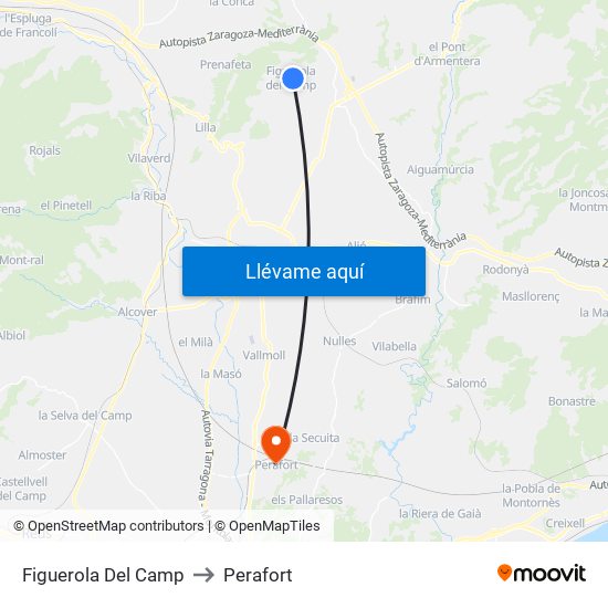 Figuerola Del Camp to Perafort map