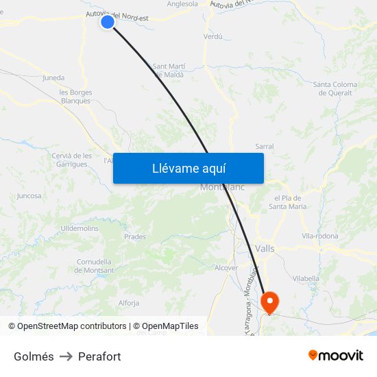 Golmés to Perafort map