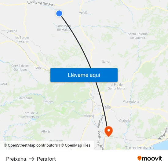 Preixana to Perafort map