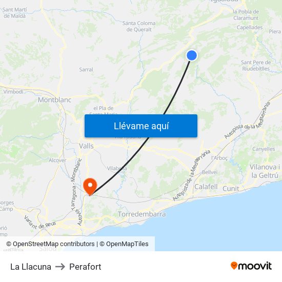 La Llacuna to Perafort map