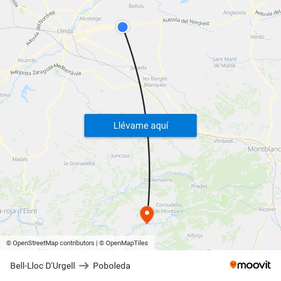 Bell-Lloc D'Urgell to Poboleda map