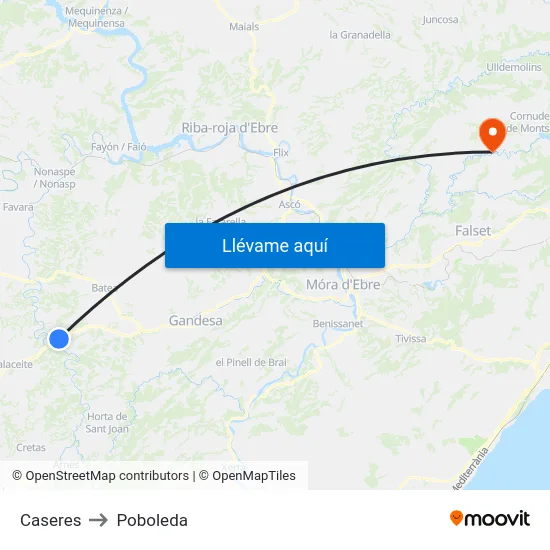 Caseres to Poboleda map