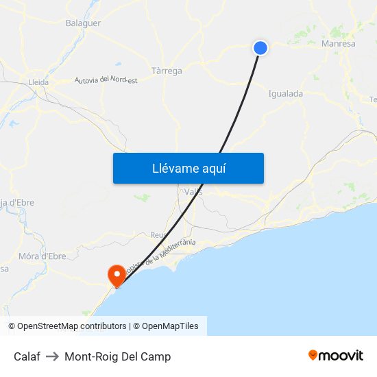 Calaf to Mont-Roig Del Camp map