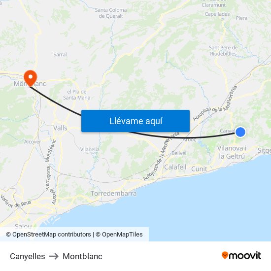 Canyelles to Montblanc map