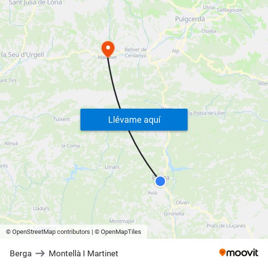 Berga to Montellà I Martinet map