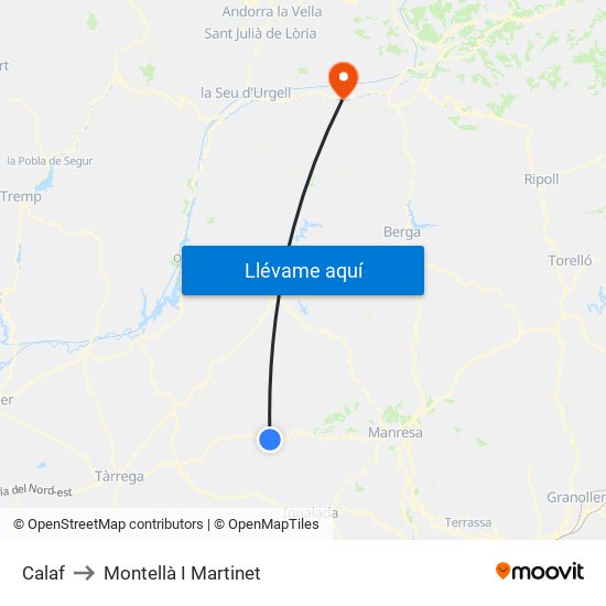 Calaf to Montellà I Martinet map